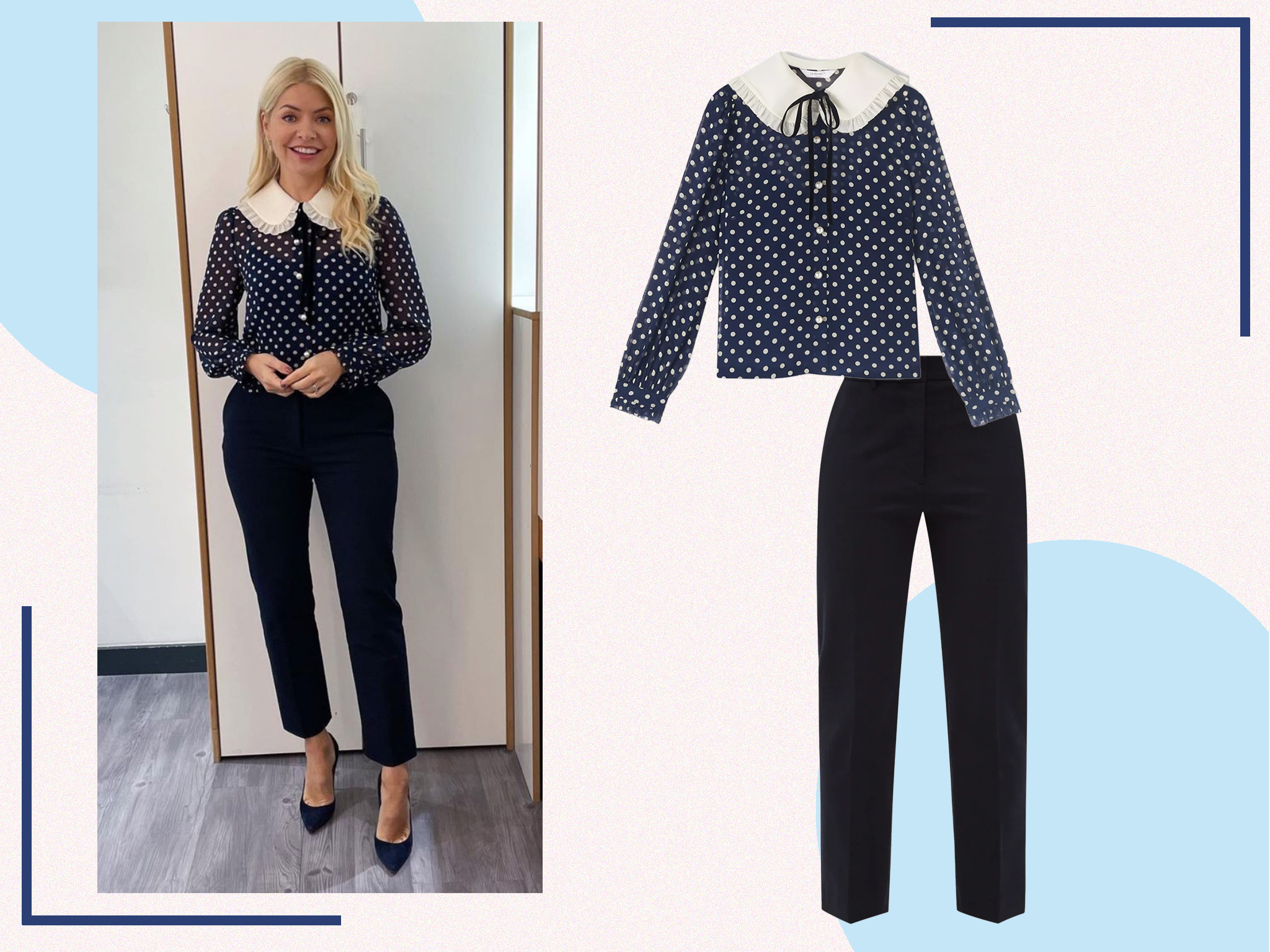Blue polka dot blouse outfit best sale